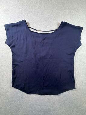 Vijo Couture Navy Blue Lightweight Crepe Cap Sleeve Blouse w/Gold-Tone Bar Back
